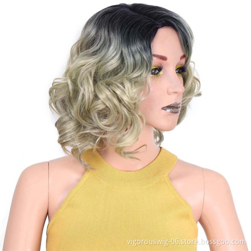 Vigorous Dropshipping Short Curly Wavy Wig Ombre Blonde Bob Part Side Synthetic Wigs For Women Heat Resistant Fiber